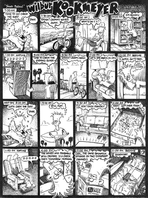 A 16-panel black and white comic strip by Bob Penuelas titled 'Yawn Patrol' tracking Wilbur Kookmeyer's daily routine during flat surf conditions