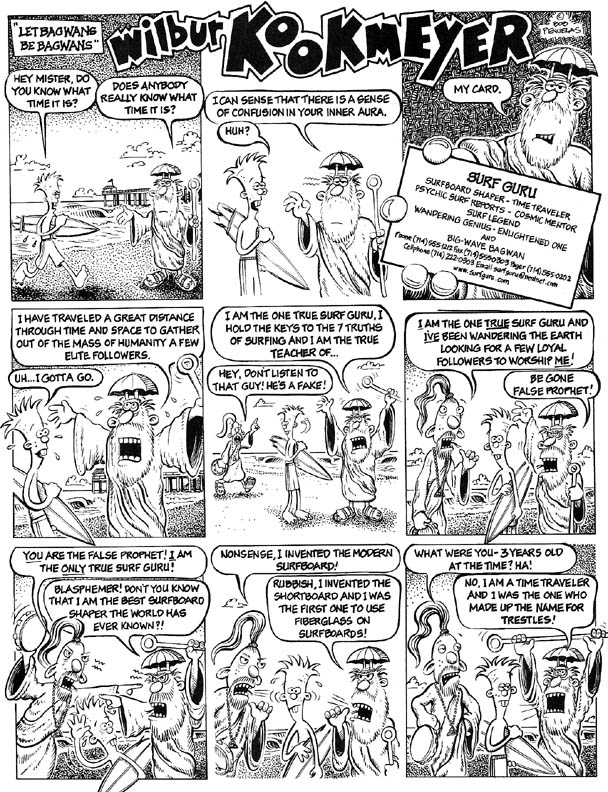 Full black and white comic page by Bob Penuelas depicting a humorous battle between rival surf gurus in the lineup.